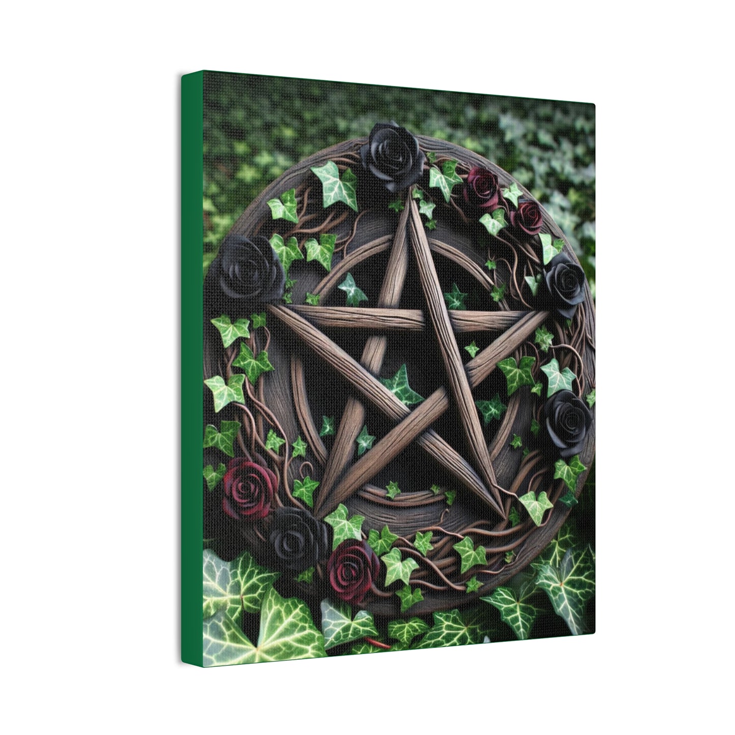 Canvas Wall Art, Wood Pentacle with Red and Black Roses in Ivy Design