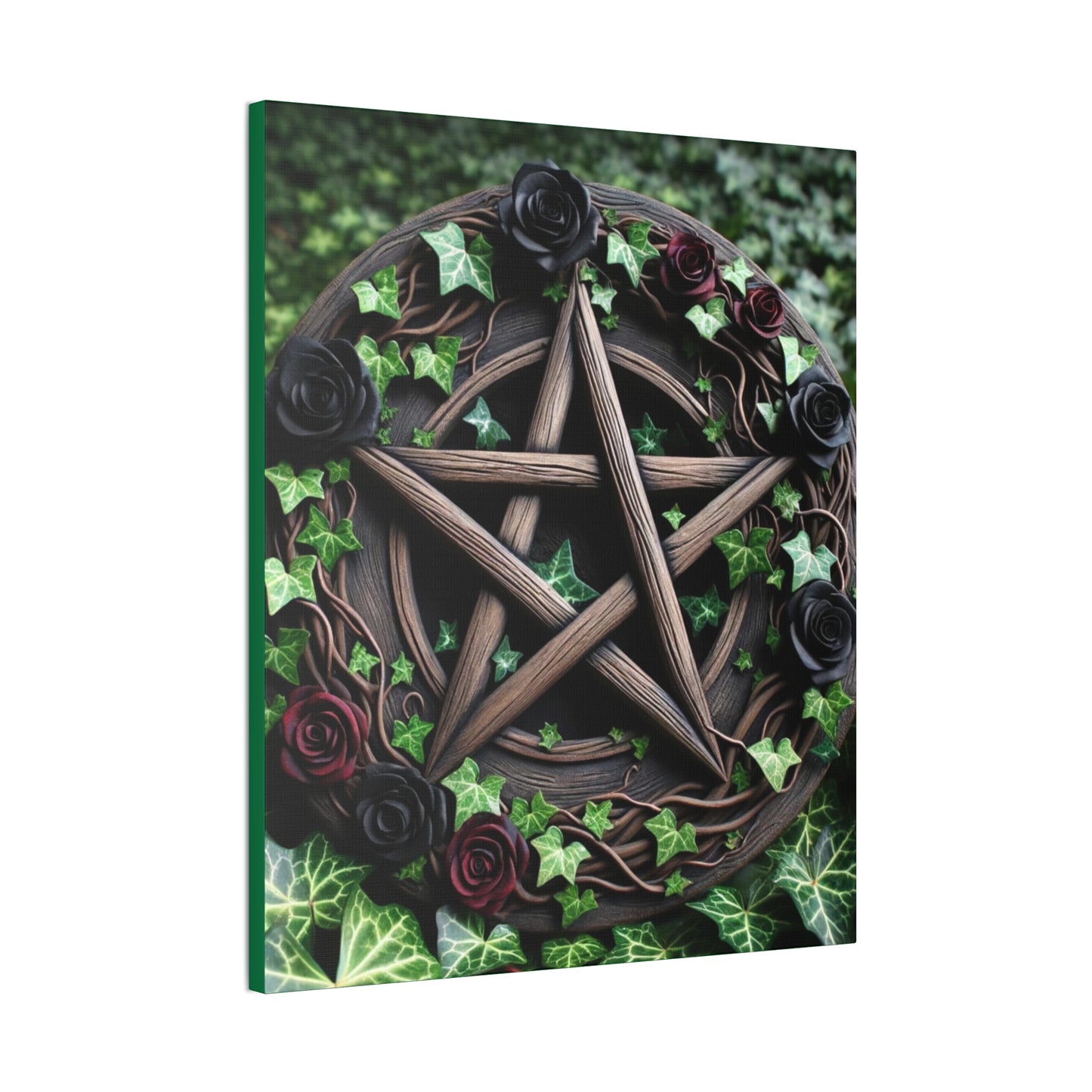 Canvas Wall Art, Wood Pentacle with Red and Black Roses in Ivy Design