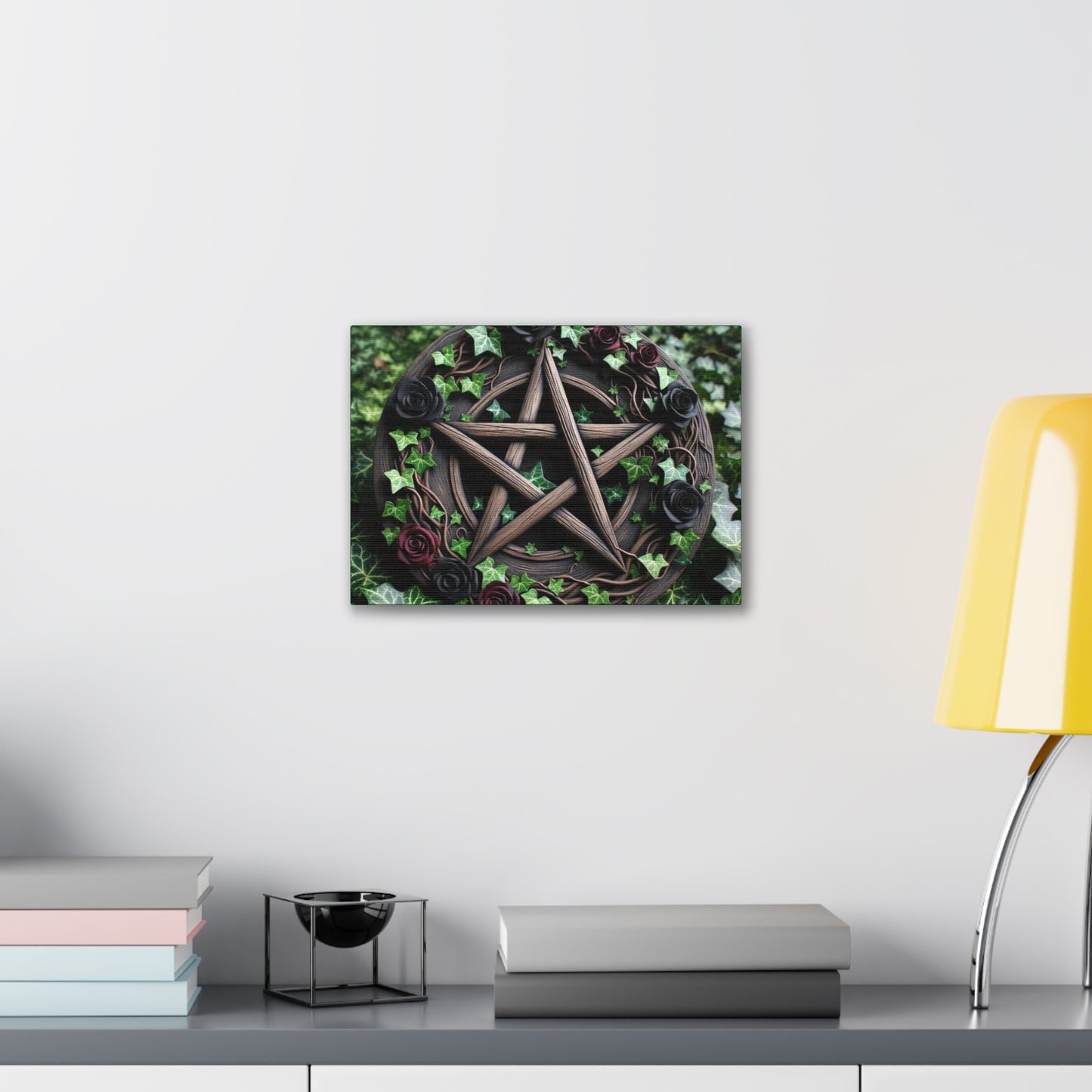 Canvas Wall Art, Wood Pentacle with Red and Black Roses in Ivy Design