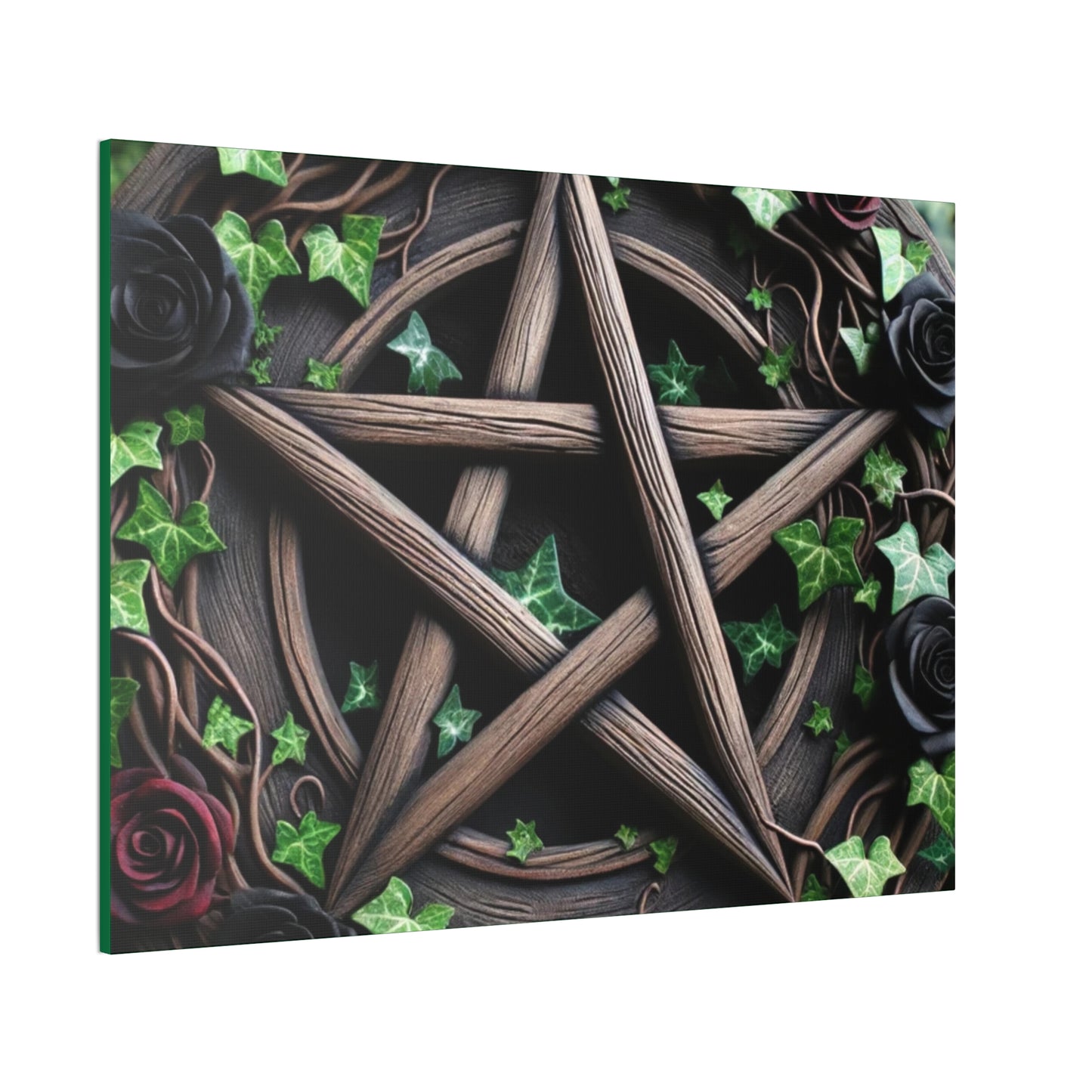 Canvas Wall Art, Wood Pentacle with Red and Black Roses in Ivy Design