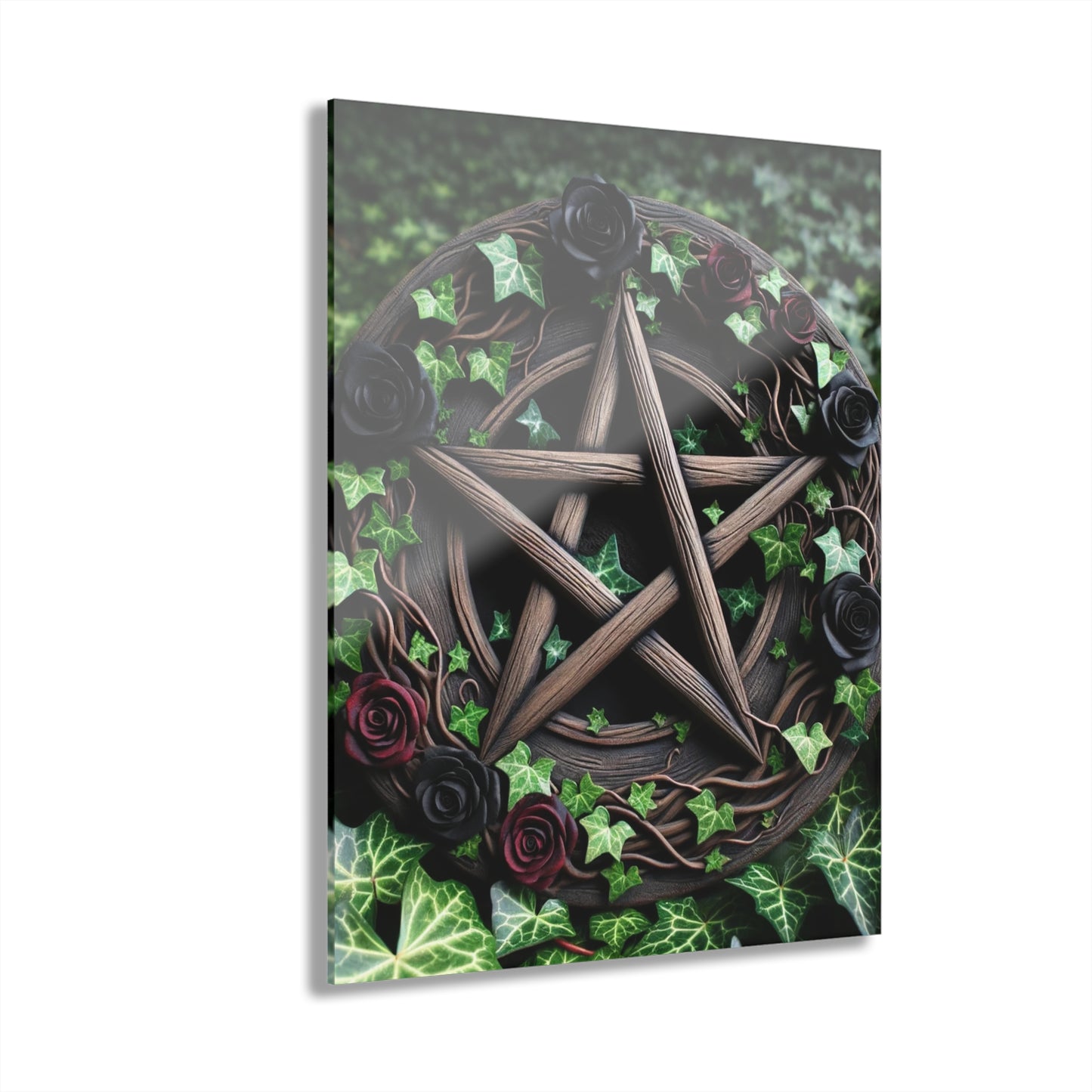 Acrylic Print Wall Decor - Wood Pentacle with Red and Black Roses in Ivy