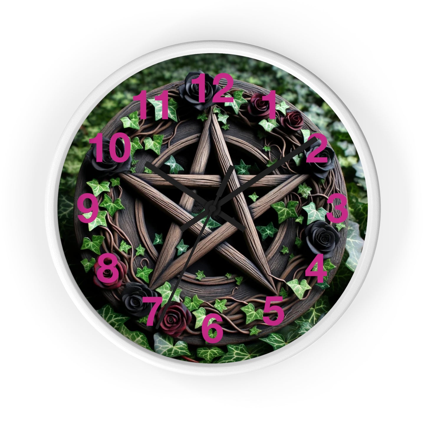 Wood Pentacle Wall Clock with Red and Black Roses in Ivy