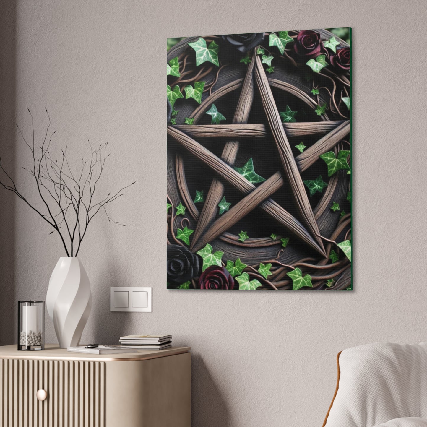 Canvas Wall Art, Wood Pentacle with Red and Black Roses in Ivy Design