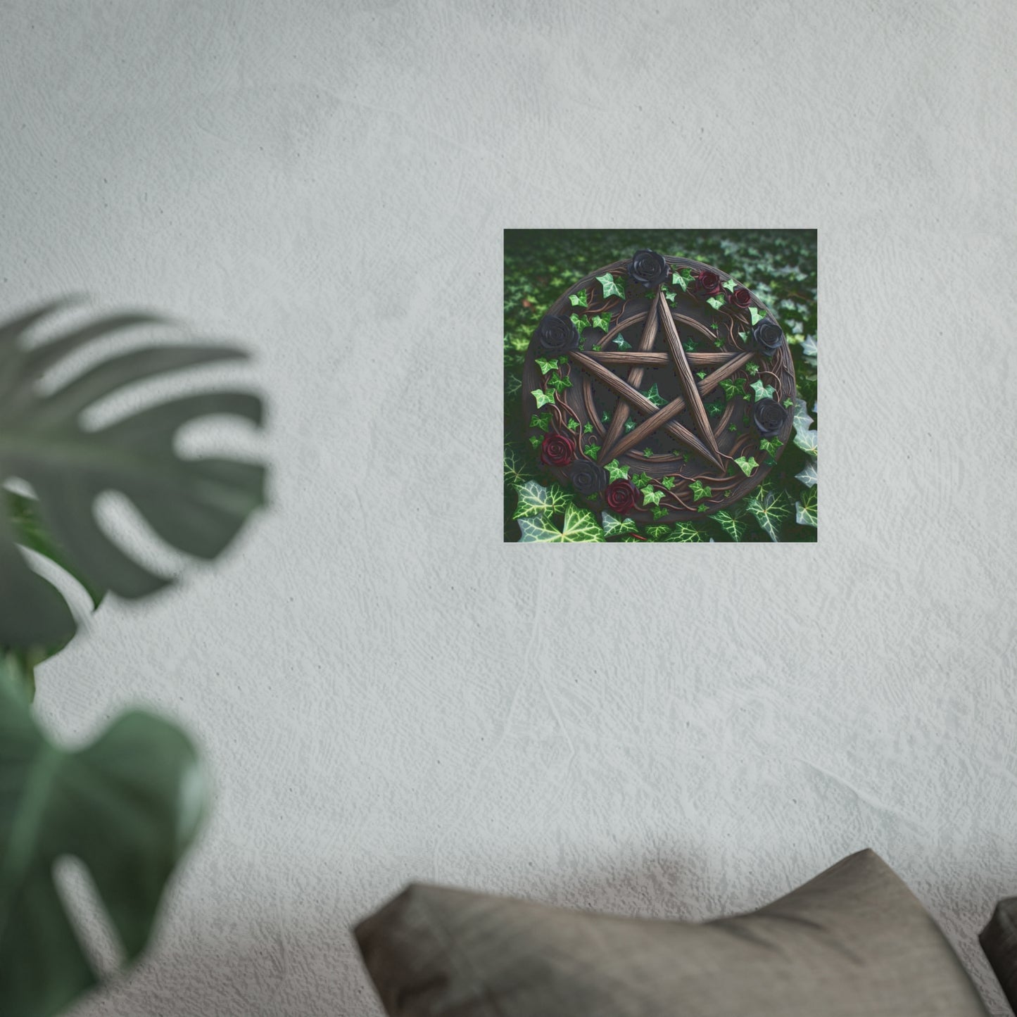 Poster - Wood Pentacle with Red and Black Roses in Ivy