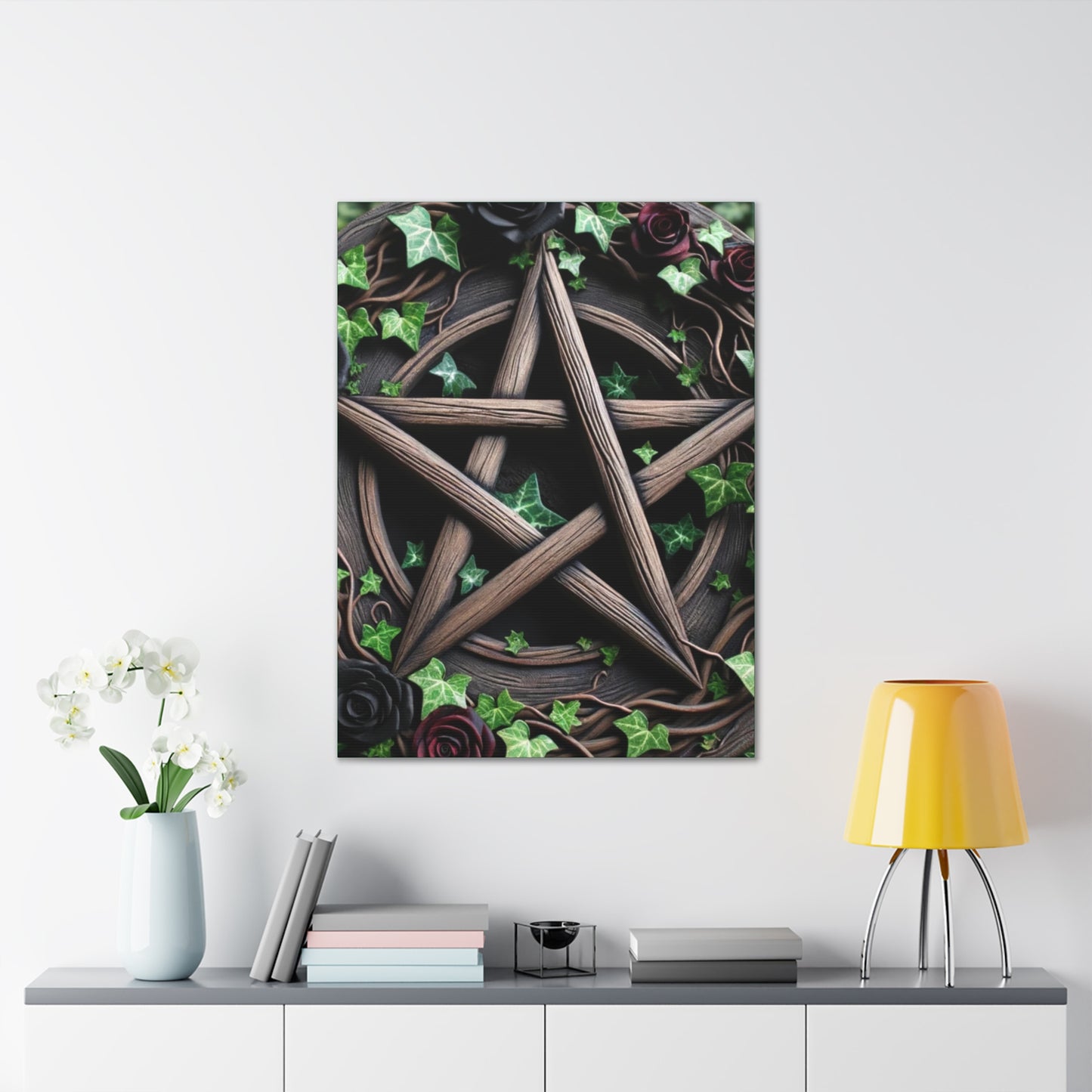 Canvas Wall Art, Wood Pentacle with Red and Black Roses in Ivy Design