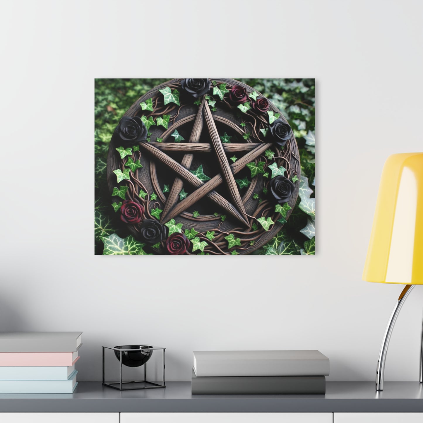 Acrylic Print Wall Decor - Wood Pentacle with Red and Black Roses in Ivy