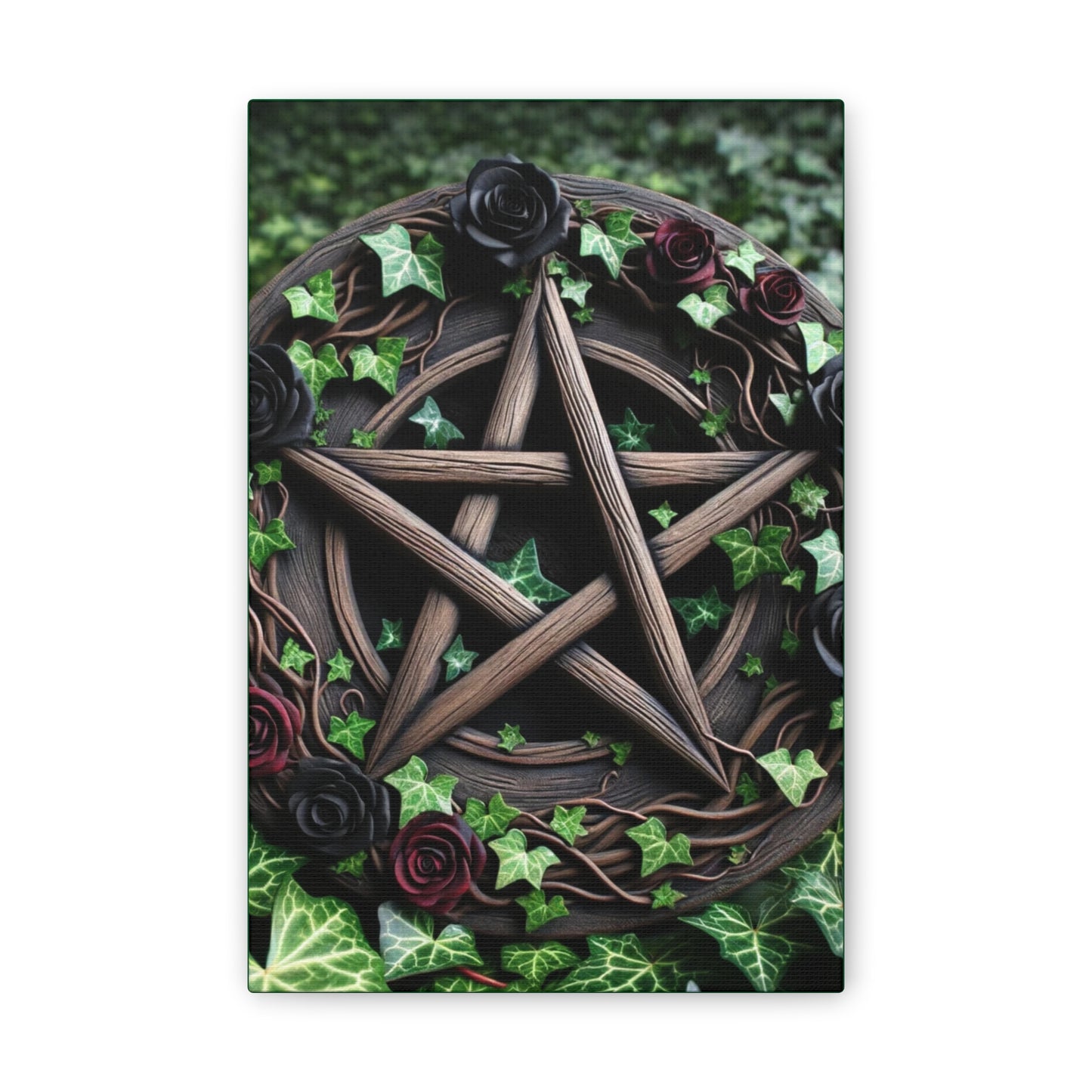 Canvas Wall Art, Wood Pentacle with Red and Black Roses in Ivy Design