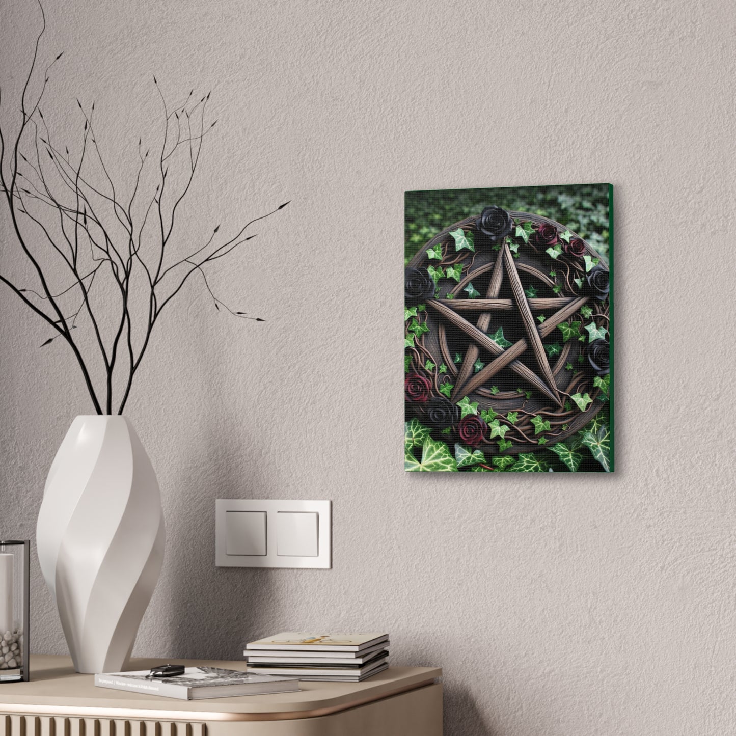 Canvas Wall Art, Wood Pentacle with Red and Black Roses in Ivy Design