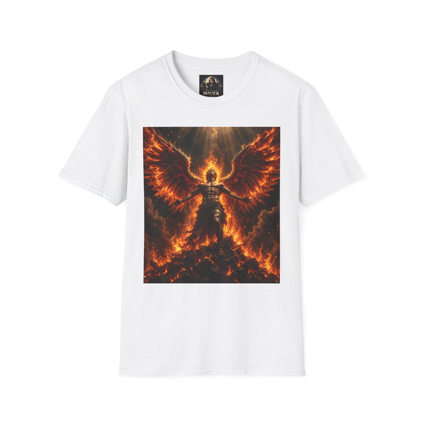 Unisex Softstyle T-Shirt – Blazing Fire Angel with Fiery Wings
