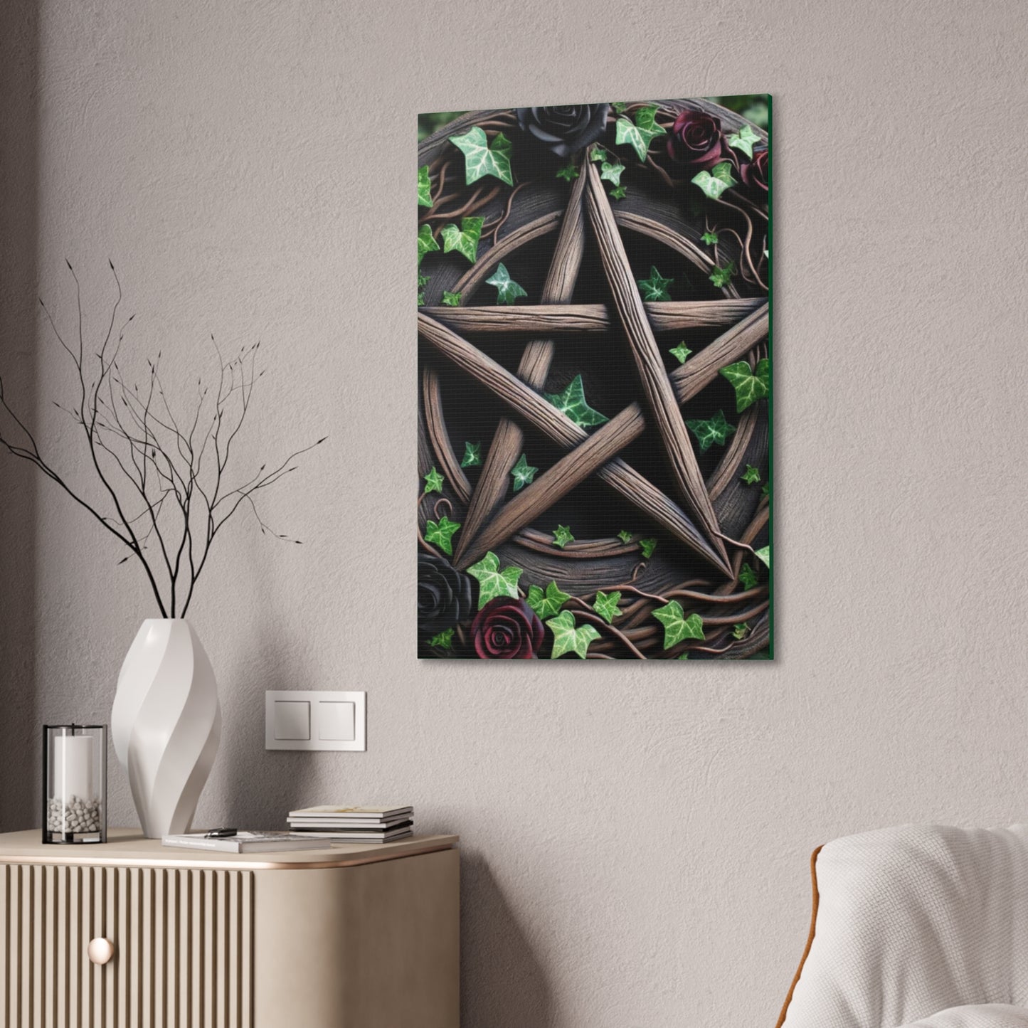 Canvas Wall Art, Wood Pentacle with Red and Black Roses in Ivy Design