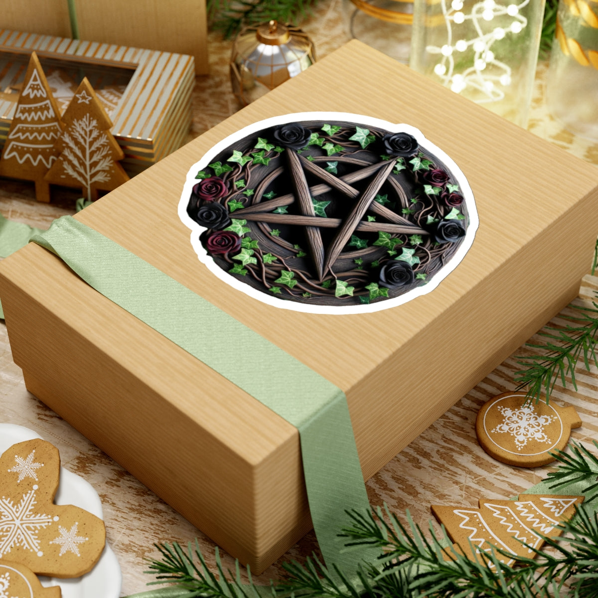 Sticker Set - Wood Pentacle with Red and Black Roses and Ivy