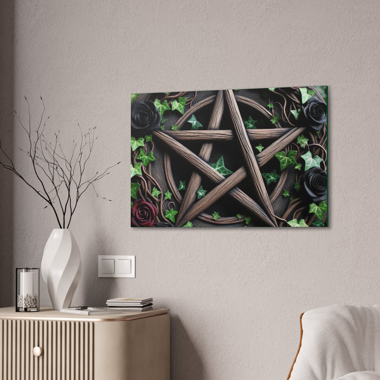 Canvas Wall Art, Wood Pentacle with Red and Black Roses in Ivy Design