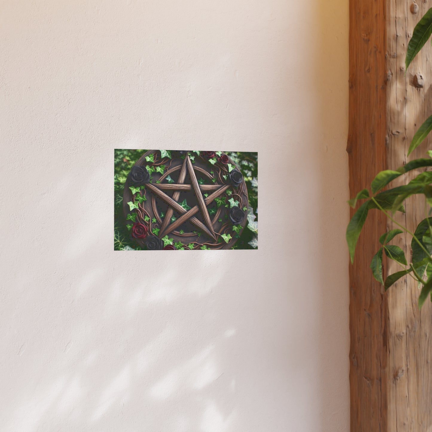 Poster - Wood Pentacle with Red and Black Roses in Ivy