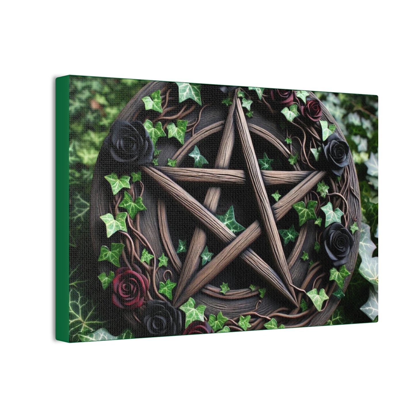 Canvas Wall Art, Wood Pentacle with Red and Black Roses in Ivy Design