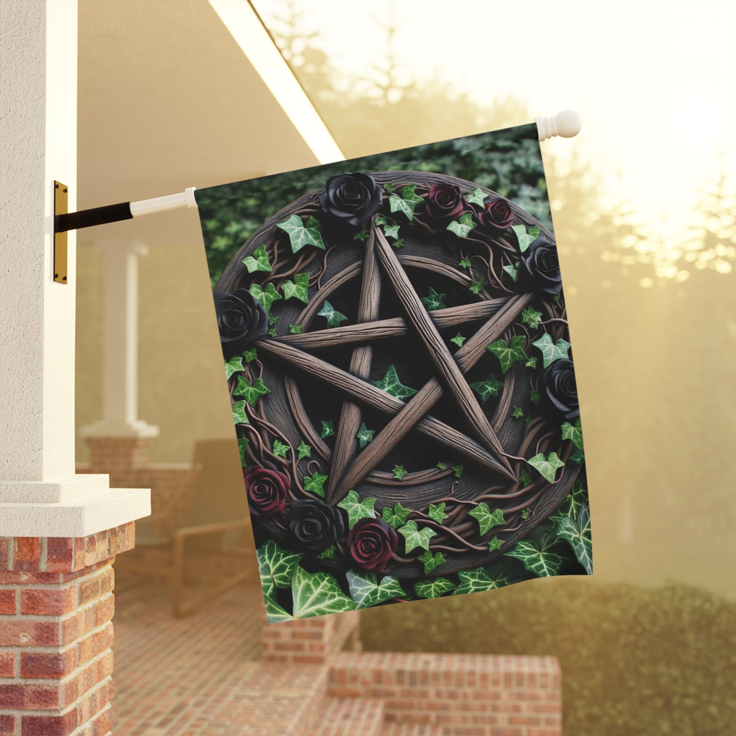 House Banner - Wood Pentacle with Red and Black Roses in Ivy Design