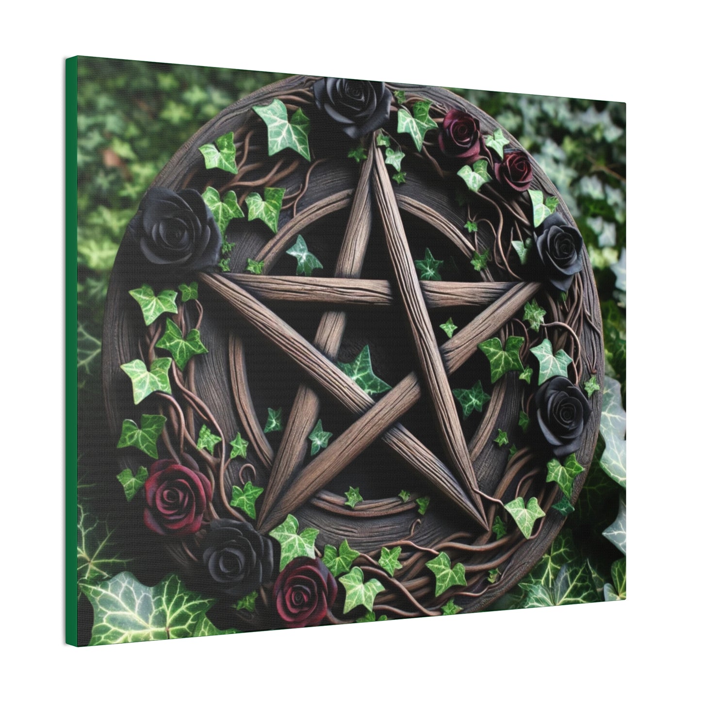 Canvas Wall Art, Wood Pentacle with Red and Black Roses in Ivy Design