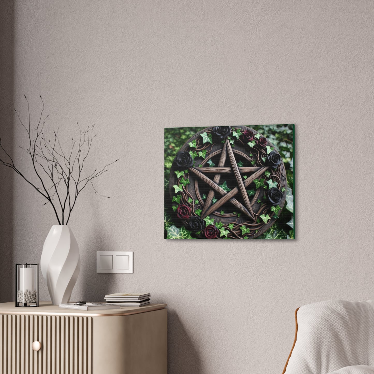 Canvas Wall Art, Wood Pentacle with Red and Black Roses in Ivy Design