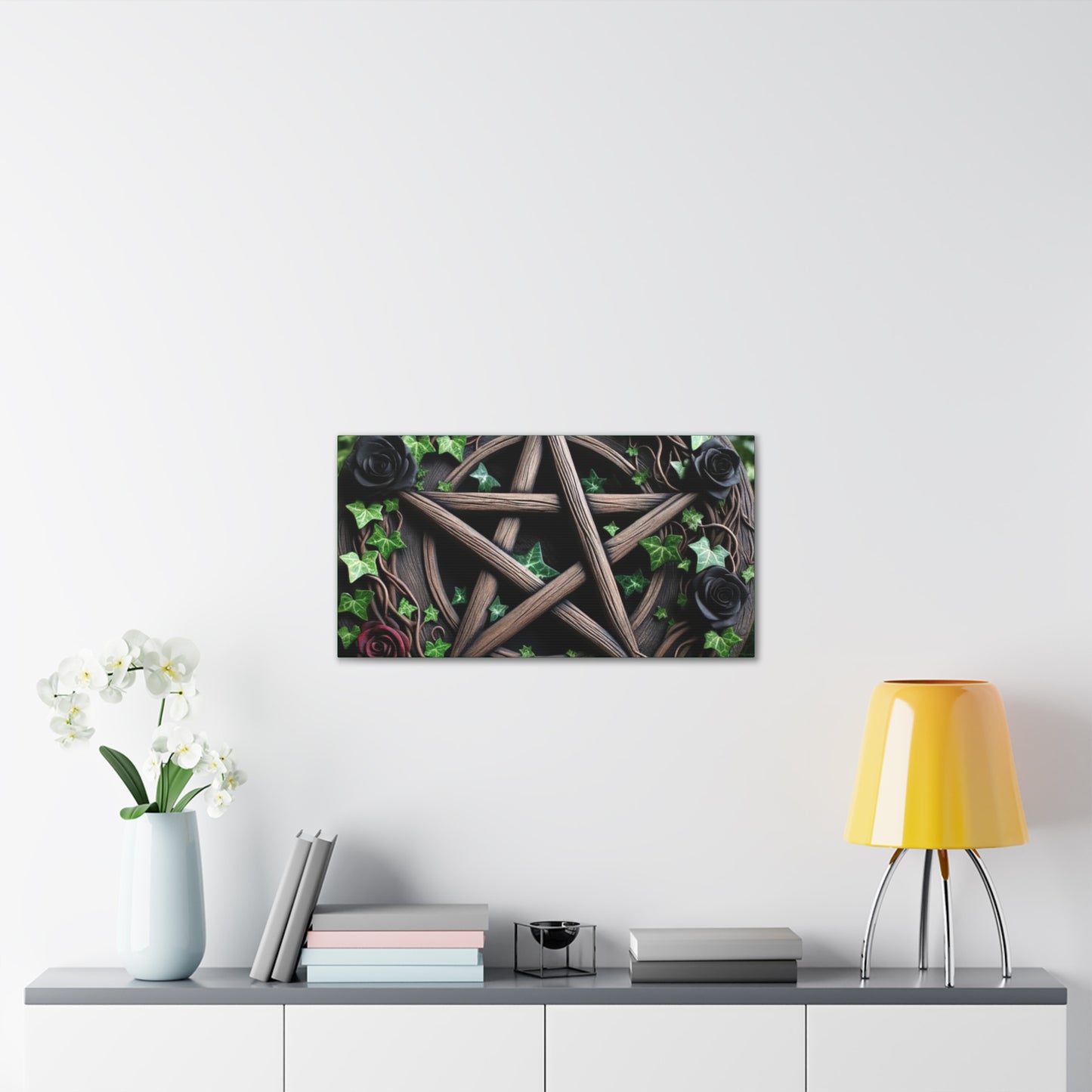 Canvas Wall Art, Wood Pentacle with Red and Black Roses in Ivy Design