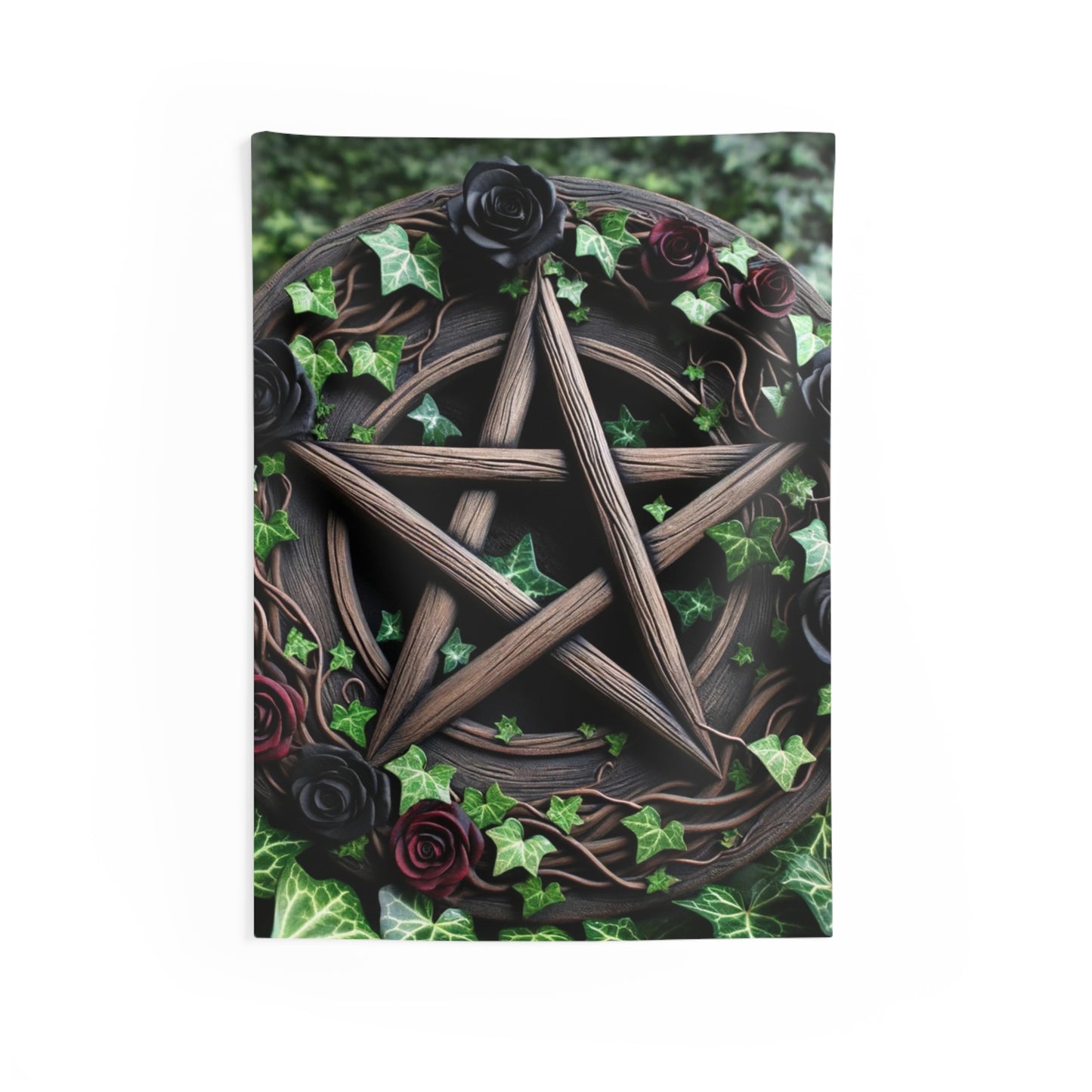 Tapestry Wall Decor - Wood Pentacle with Red and Black Roses in Ivy