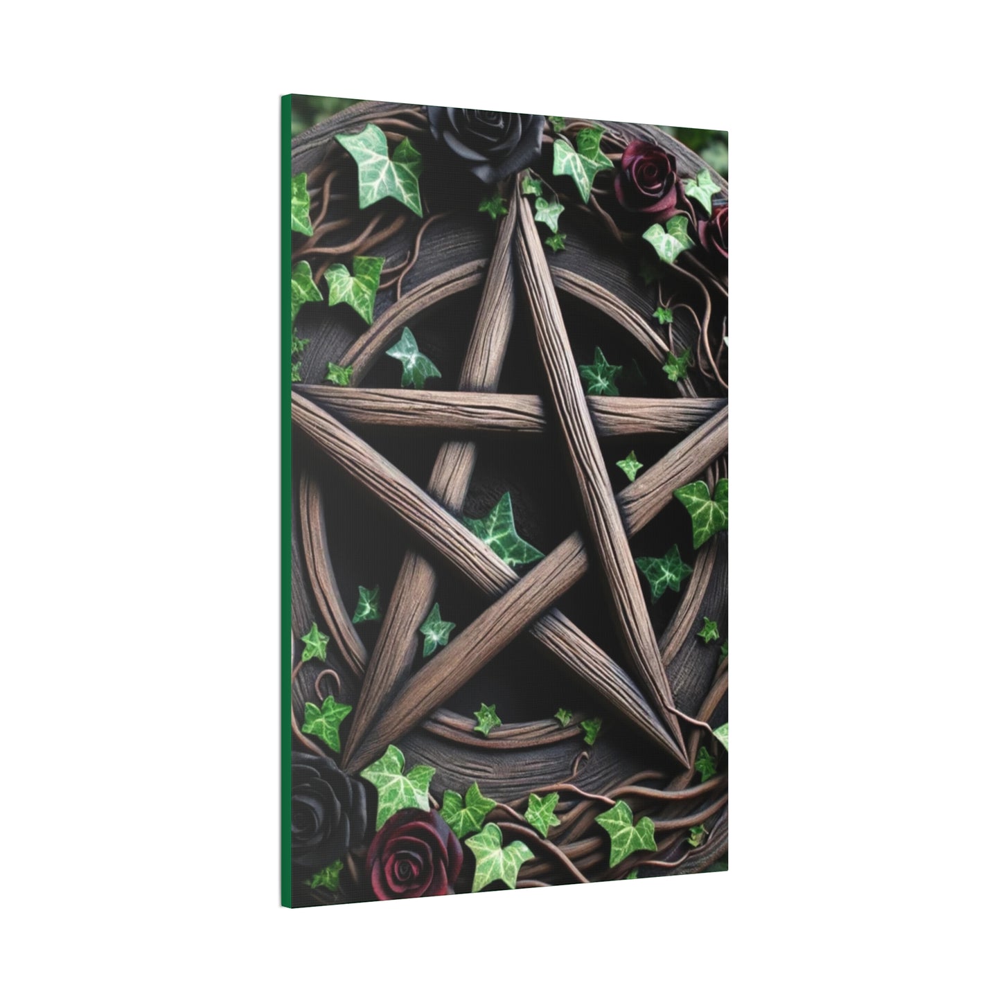 Canvas Wall Art, Wood Pentacle with Red and Black Roses in Ivy Design