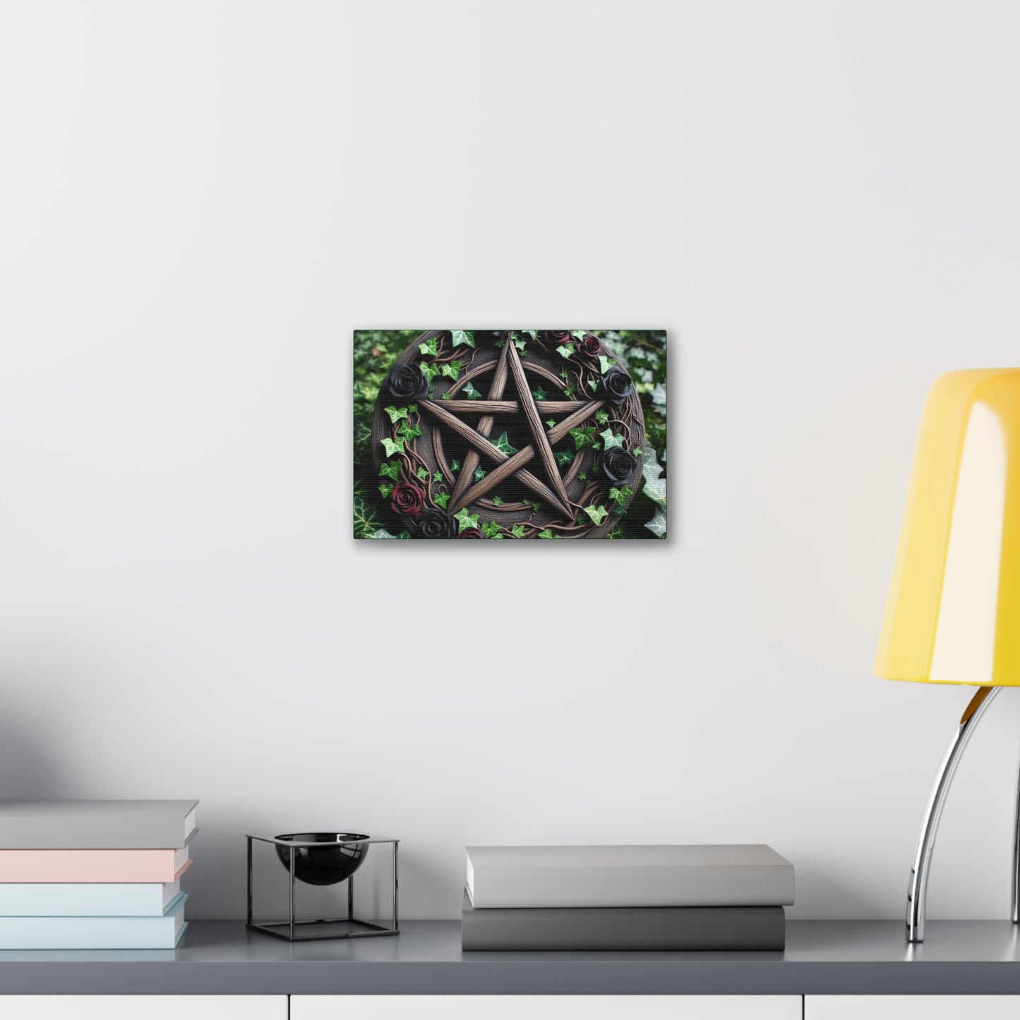 Canvas Wall Art, Wood Pentacle with Red and Black Roses in Ivy Design