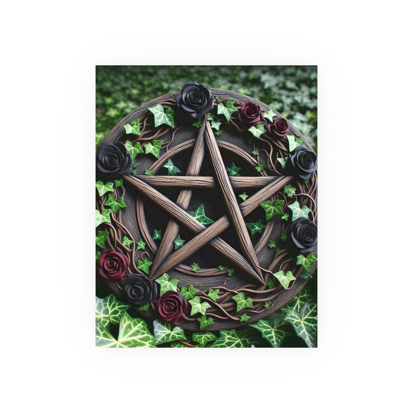 Poster - Wood Pentacle with Red and Black Roses in Ivy