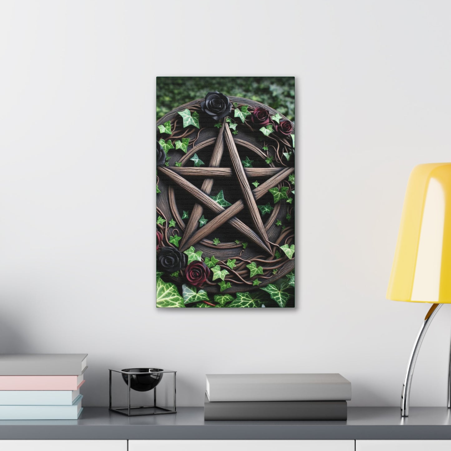 Canvas Wall Art, Wood Pentacle with Red and Black Roses in Ivy Design