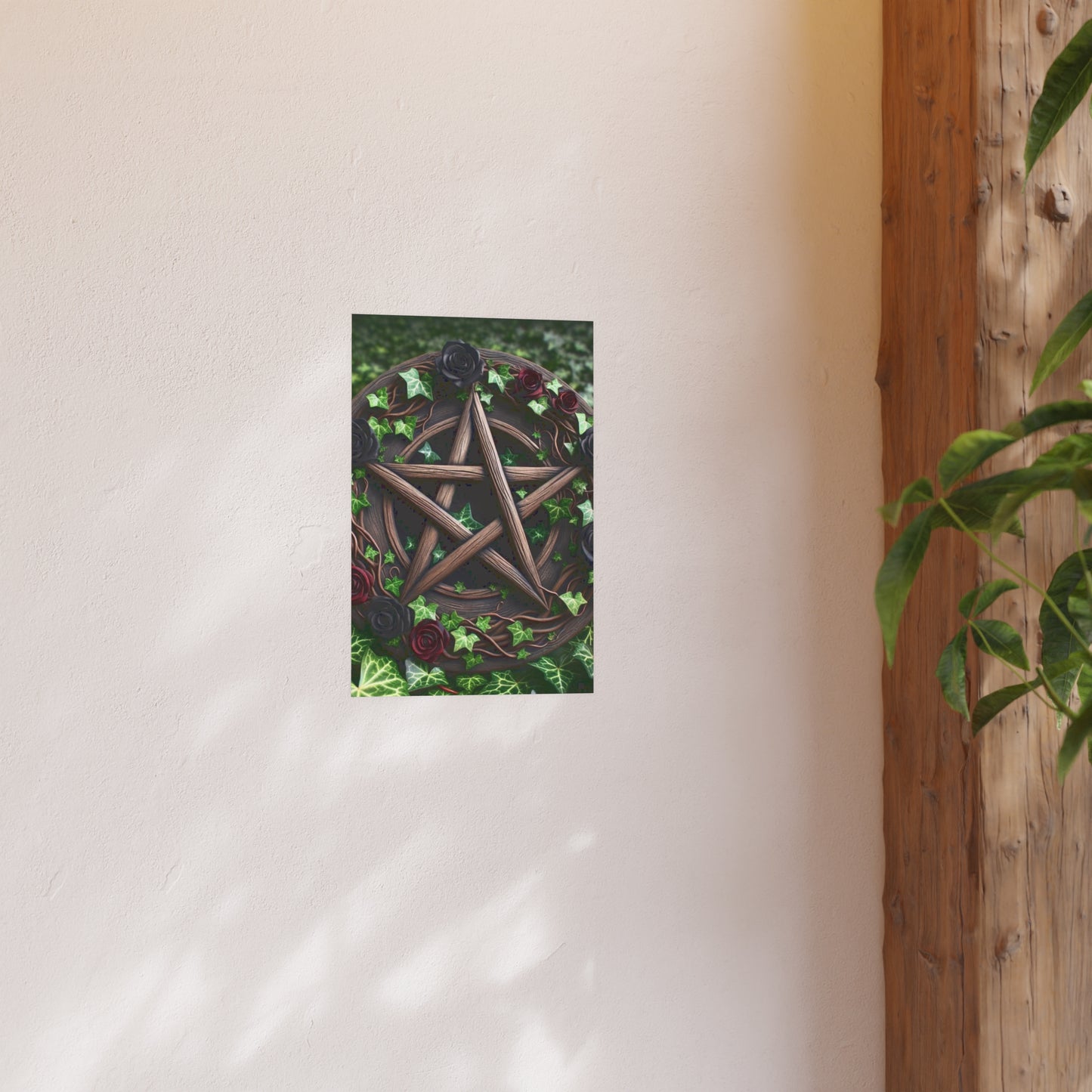 Poster - Wood Pentacle with Red and Black Roses in Ivy