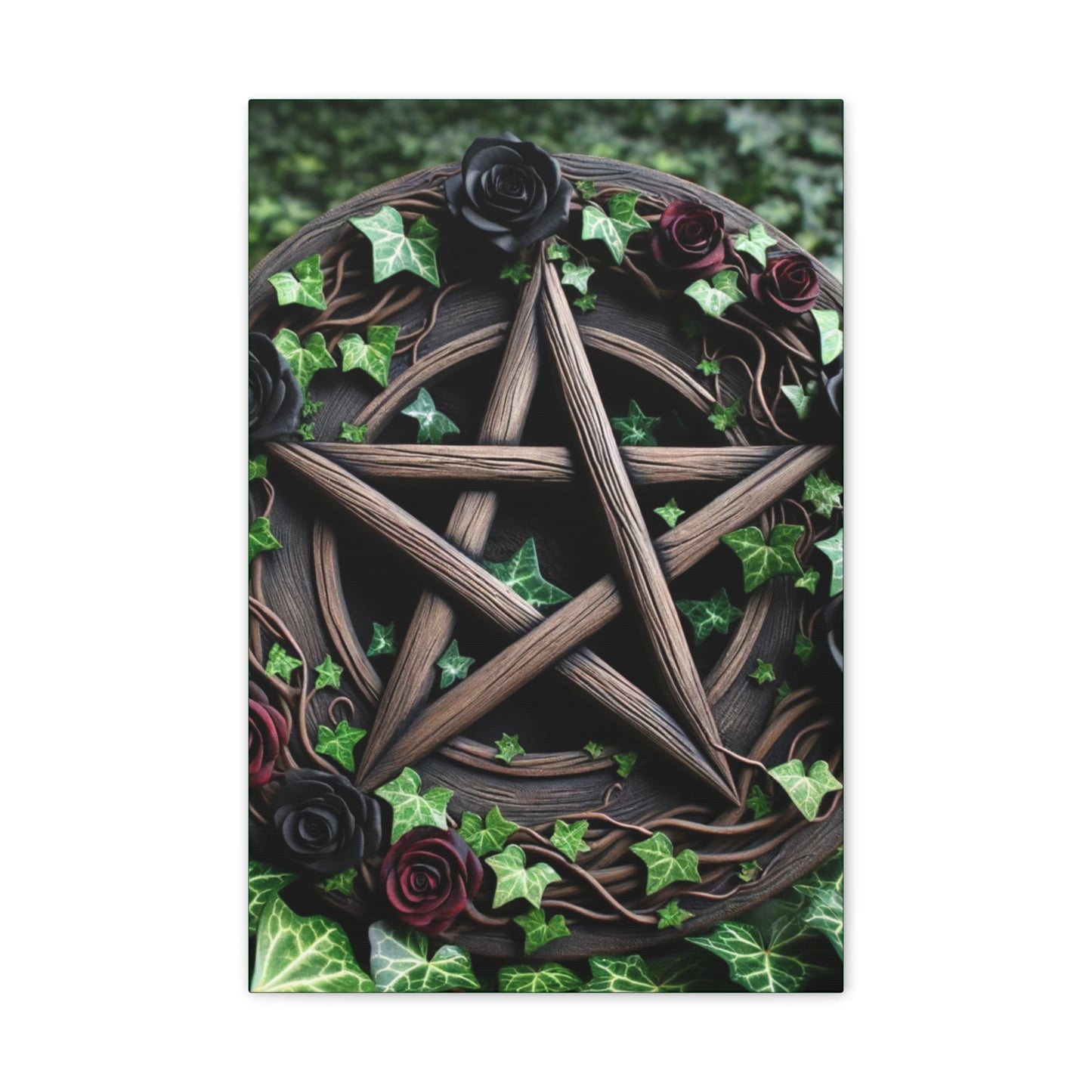 Canvas Wall Art, Wood Pentacle with Red and Black Roses in Ivy Design