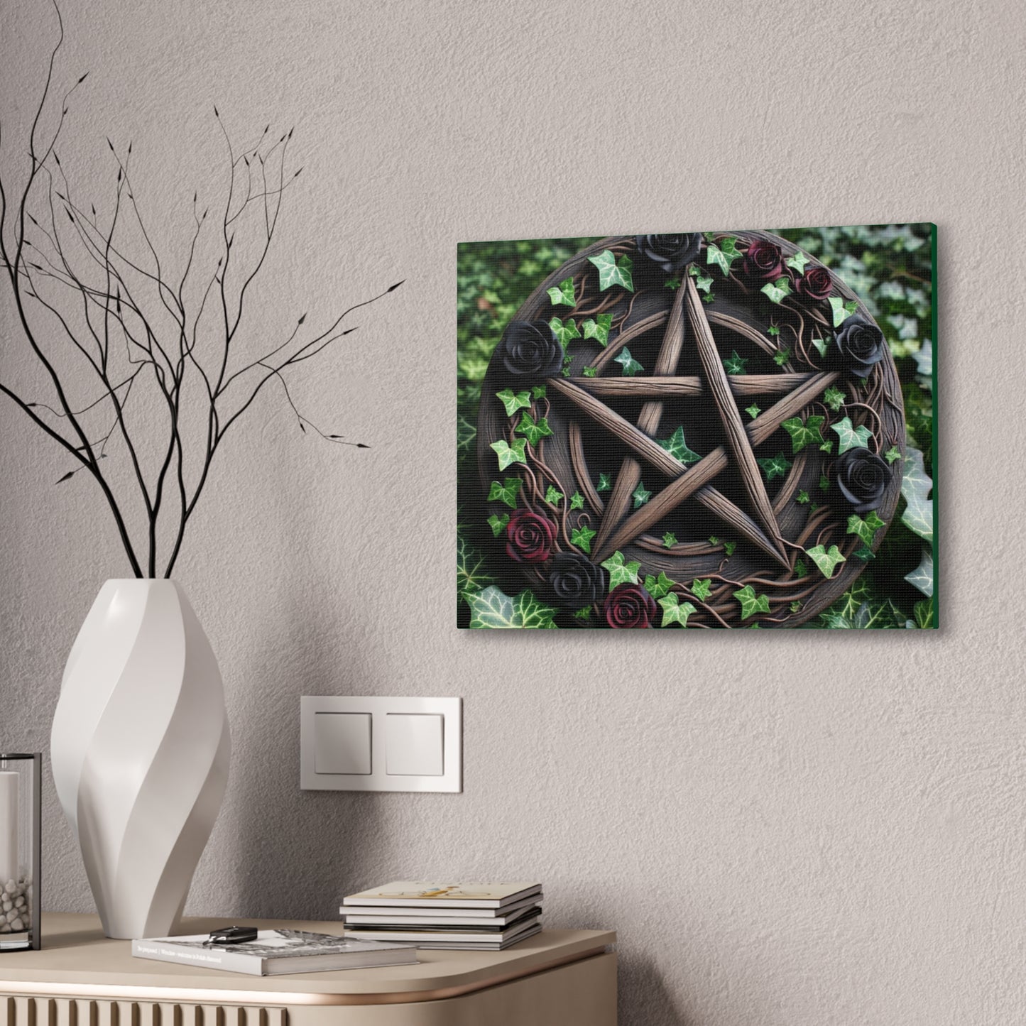 Canvas Wall Art, Wood Pentacle with Red and Black Roses in Ivy Design