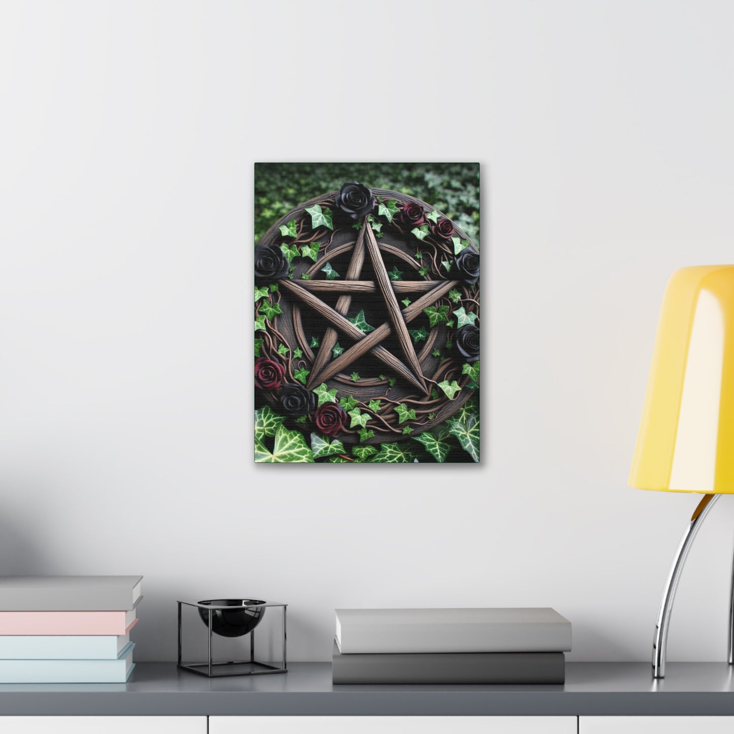 Canvas Wall Art, Wood Pentacle with Red and Black Roses in Ivy Design