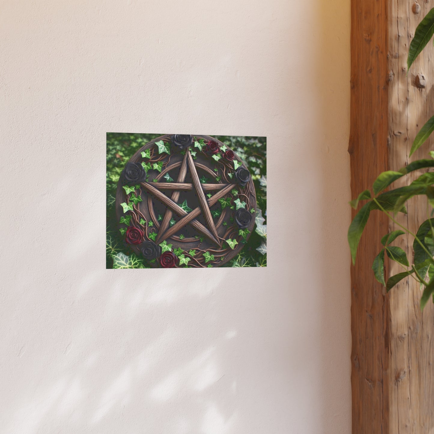 Poster - Wood Pentacle with Red and Black Roses in Ivy