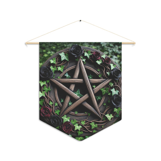 Pennant Flag Wood Pentacle with Red and Black Roses Ivy