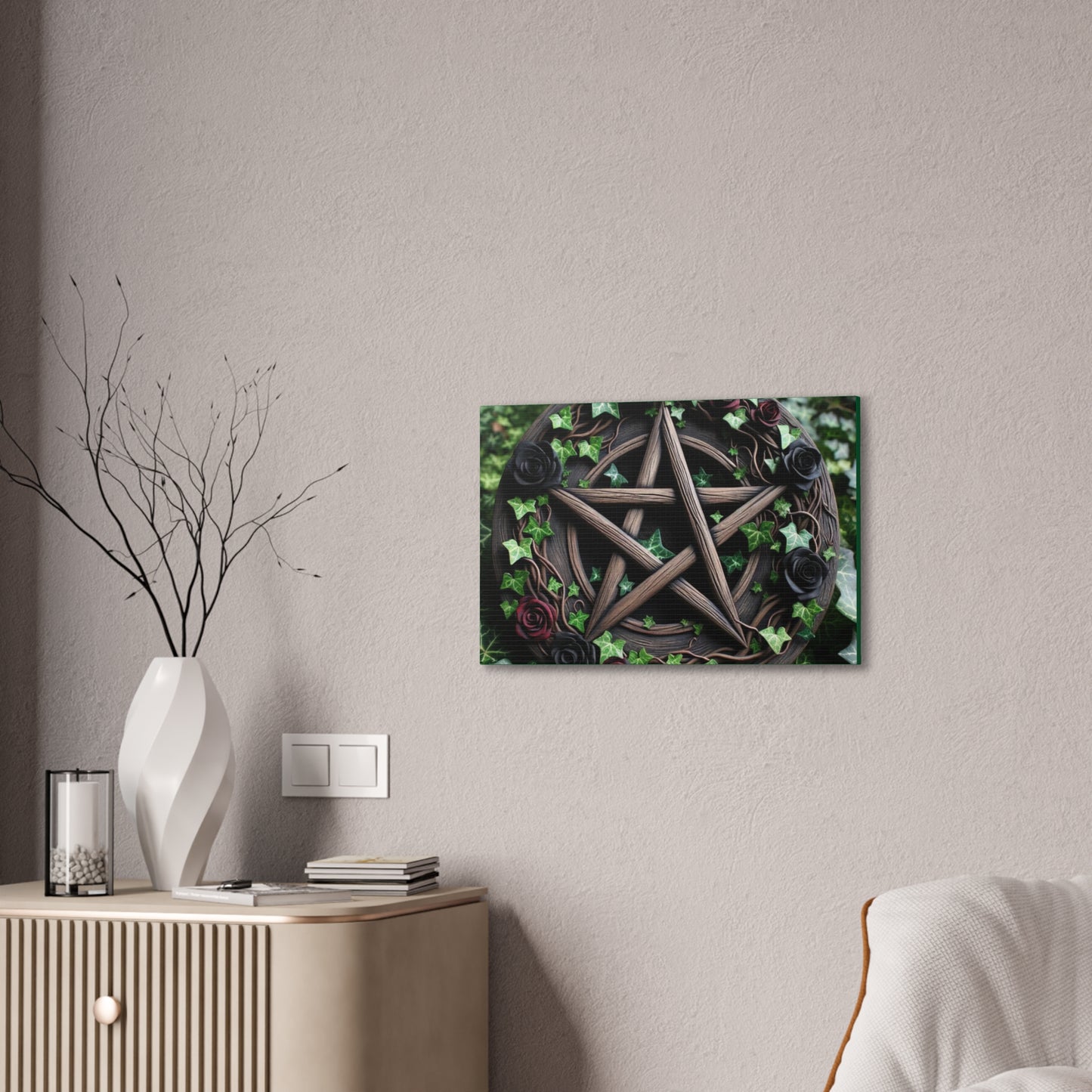 Canvas Wall Art, Wood Pentacle with Red and Black Roses in Ivy Design