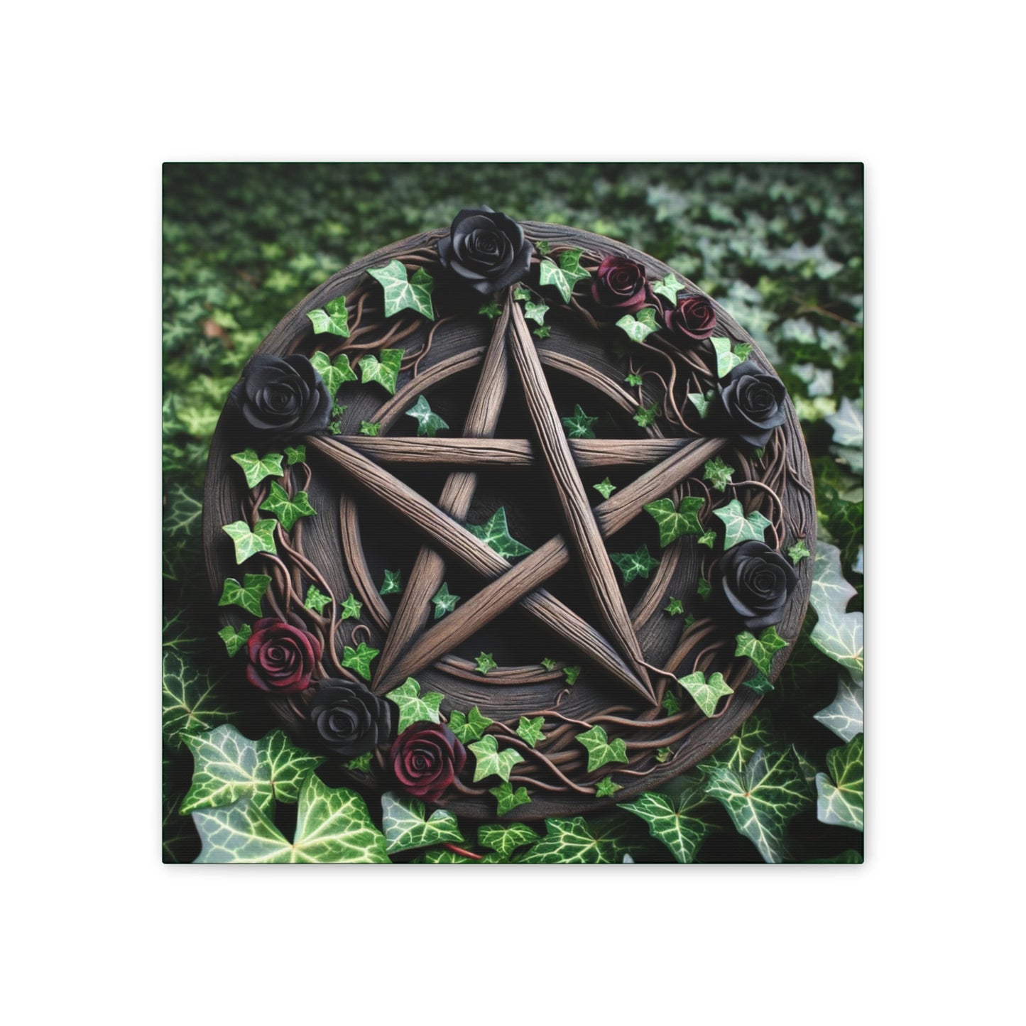 Canvas Wall Art, Wood Pentacle with Red and Black Roses in Ivy Design