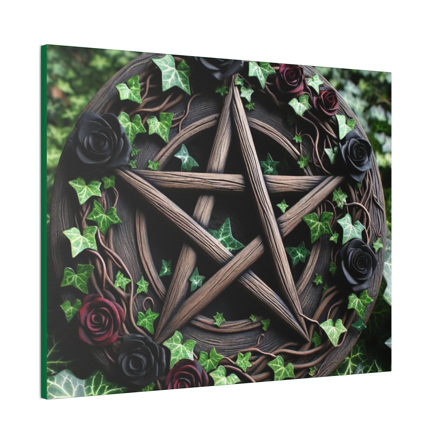 Canvas Wall Art, Wood Pentacle with Red and Black Roses in Ivy Design