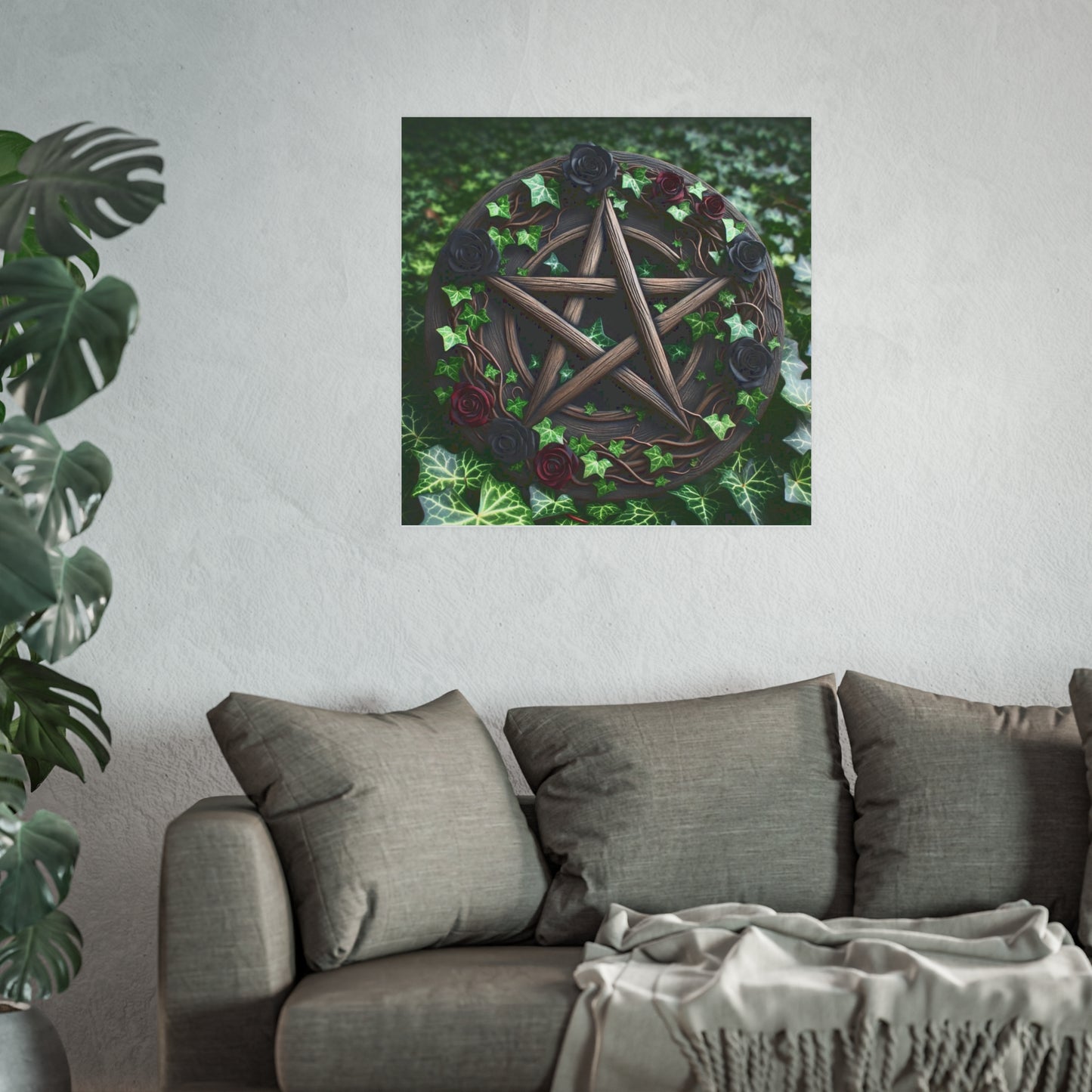 Poster - Wood Pentacle with Red and Black Roses in Ivy